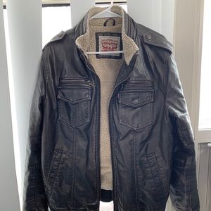 Faux-Leather Bomber Jacket with Fleece Lining